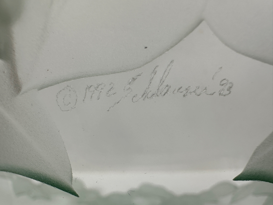 1993 Signed Stephen Schlanser Glass Chloe Bowl with Leaf Pattern (See Photos For Slight Chip On Inner Rim) 12'W x 5'H [Photo 8]