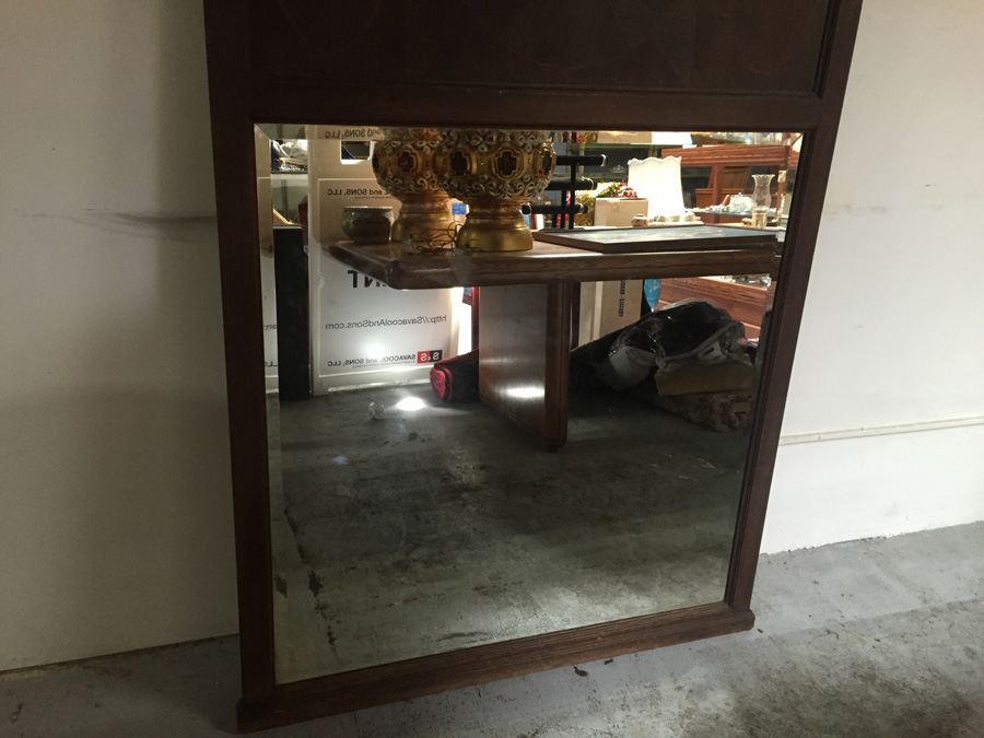 Large Wooden Mirror with Beautiful Wood Inlay and Metal Accents Beveled [Photo 9]