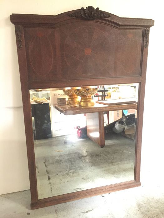 Large Wooden Mirror with Beautiful Wood Inlay and Metal Accents Beveled [Photo 1]