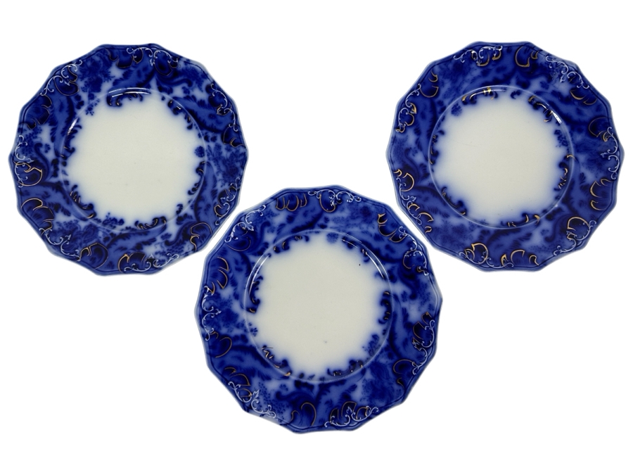 Antique Flow Blue 9' Plates by W. H. Grindley Argyle Pattern with Gold Accents and 14-Sided Shape [Photo 1]