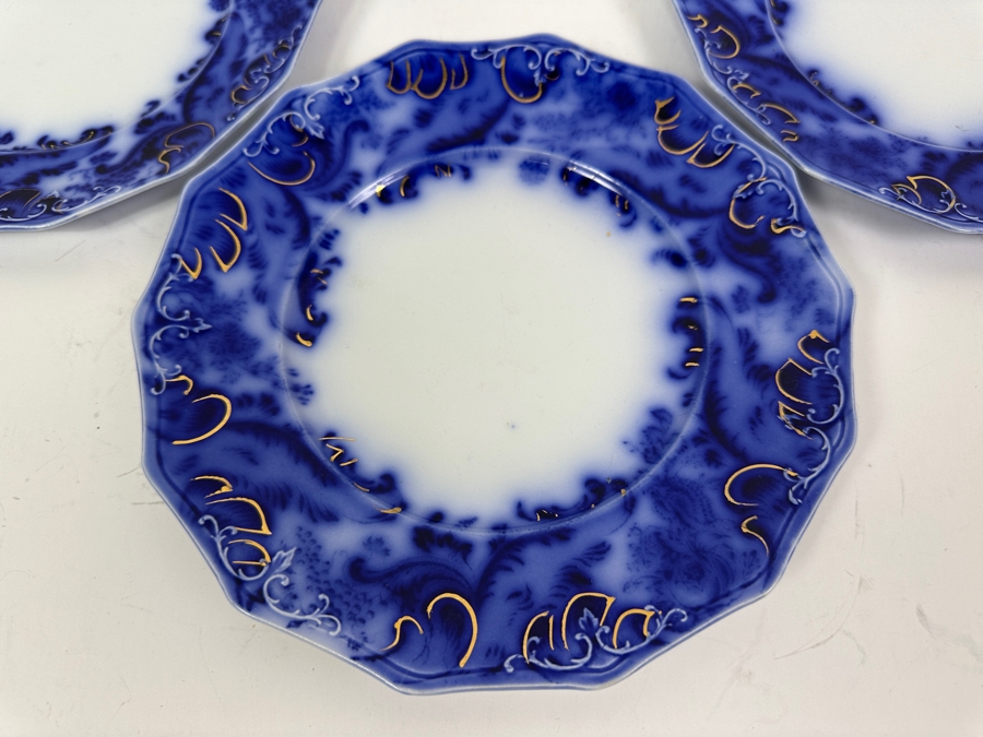 Antique Flow Blue 9' Plates by W. H. Grindley Argyle Pattern with Gold Accents and 14-Sided Shape [Photo 3]