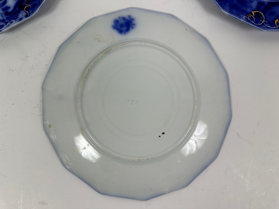 Antique Flow Blue 9' Plates by W. H. Grindley Argyle Pattern with Gold Accents and 14-Sided Shape [Photo 4]