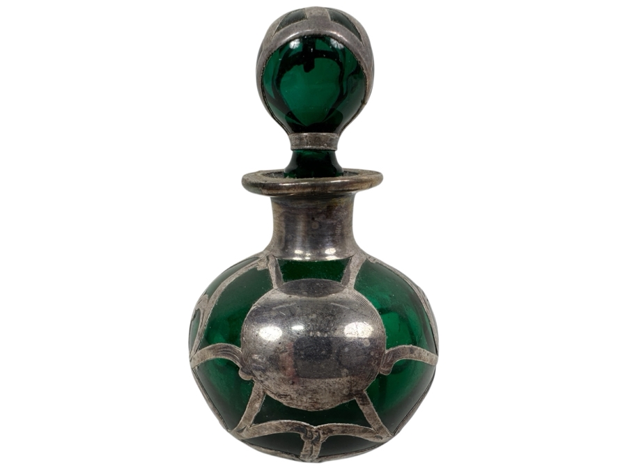 Vintage Green Glass Perfume Bottle with Sterling Silver Overlay 3.5'H [Photo 1]