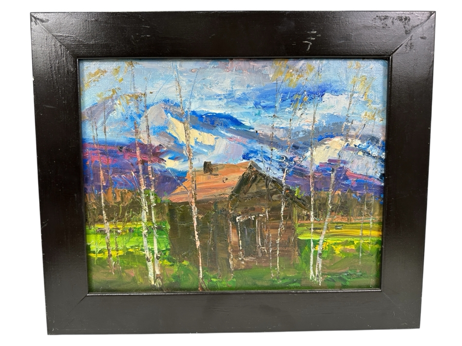 Just Added - Original Abstract Expressionist Cabin Painting On Canvas Unsigned 14 X 11 Framed 17.5 X 14.5 [Photo 2]