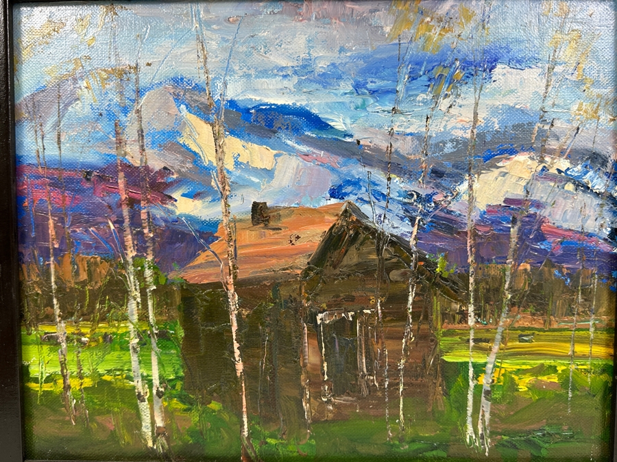 Just Added - Original Abstract Expressionist Cabin Painting On Canvas Unsigned 14 X 11 Framed 17.5 X 14.5