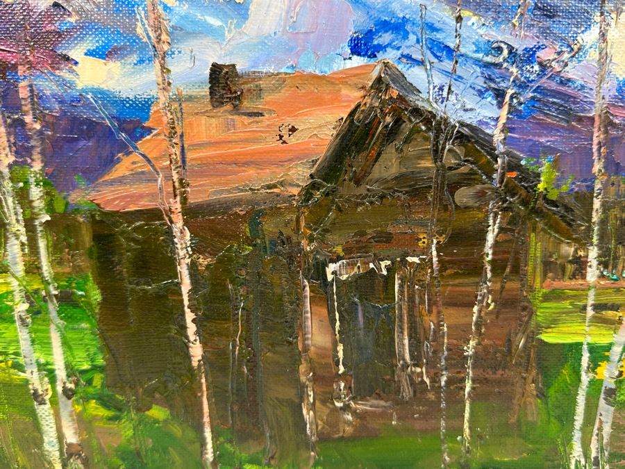 Just Added - Original Abstract Expressionist Cabin Painting On Canvas Unsigned 14 X 11 Framed 17.5 X 14.5 [Photo 3]