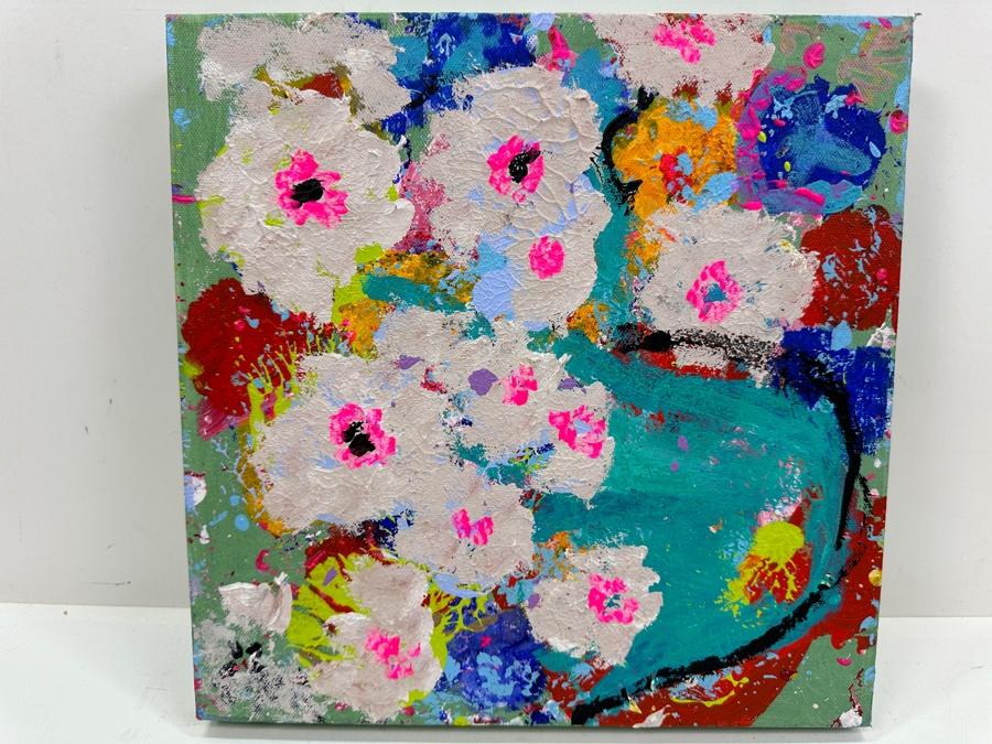 Just Added - Ingrid Holmsteen (Denmark) Original Abstract Expressionist Still Life Oil Painting On Canvas Signed And Titled Verso 12 X 12 [Photo 2]