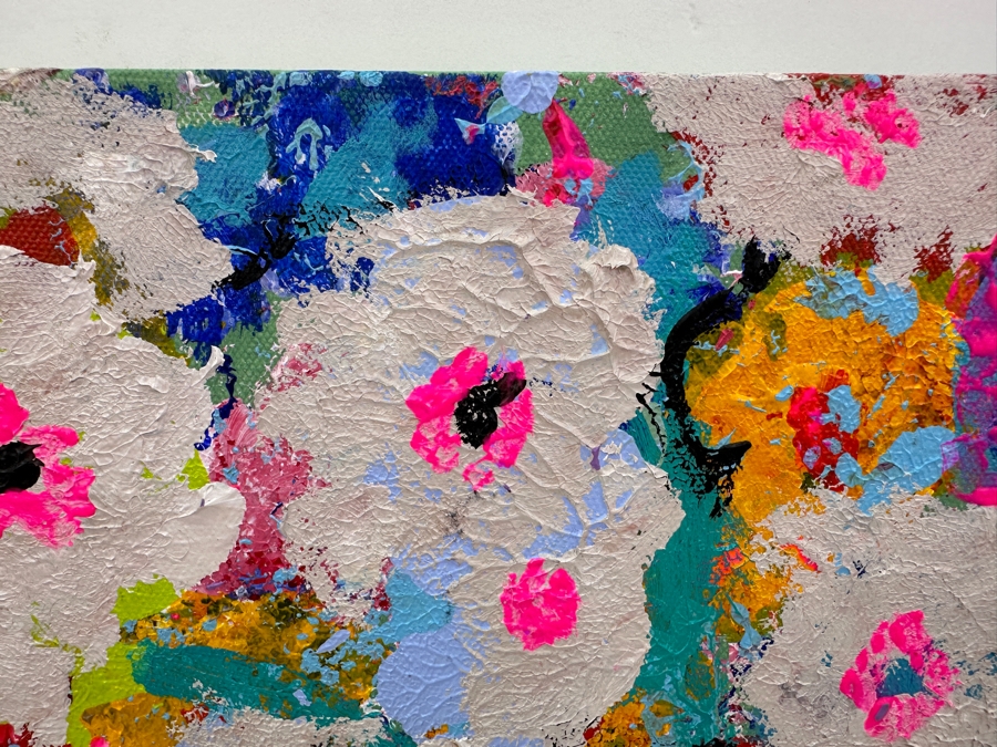 Just Added - Ingrid Holmsteen (Denmark) Original Abstract Expressionist Still Life Oil Painting On Canvas Signed And Titled Verso 12 X 12 [Photo 5]