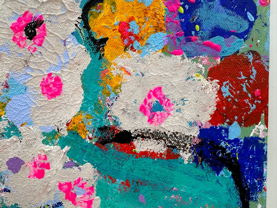 Just Added - Ingrid Holmsteen (Denmark) Original Abstract Expressionist Still Life Oil Painting On Canvas Signed And Titled Verso 12 X 12 [Photo 4]