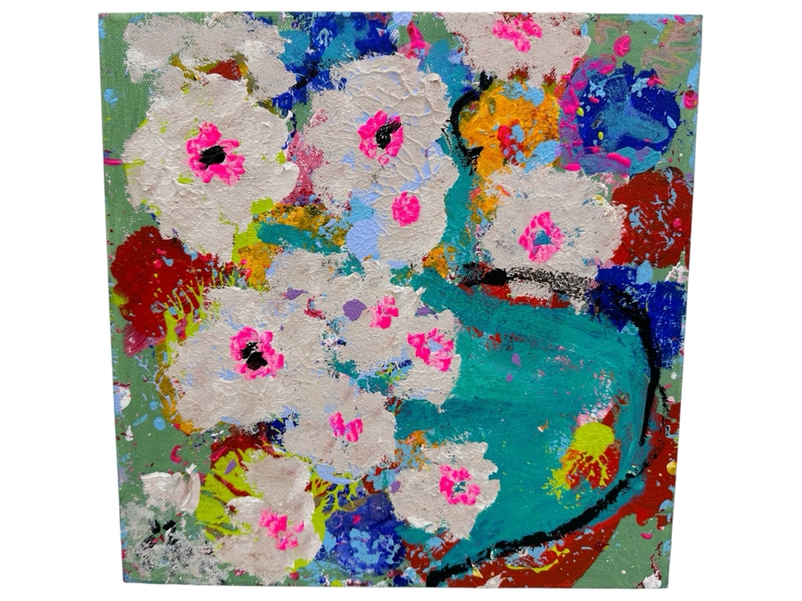 Just Added - Ingrid Holmsteen (Denmark) Original Abstract Expressionist Still Life Oil Painting On Canvas Signed And Titled Verso 12 X 12