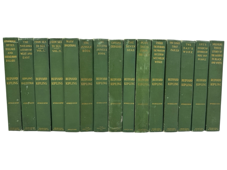 (15) Antique 1899 Hardcover Books: The Works Of Rudyard Kipling Including The Jungle Book New York Doubleday & McClure Company