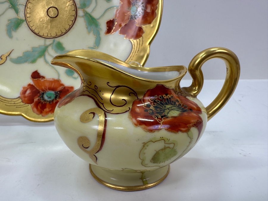 Limoges Handpainted Pickard Poppies Plate 8.5'W With Matching Creamer and Sugar Bowl [Photo 4]