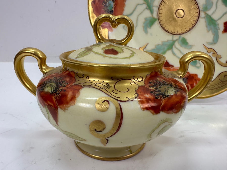 Limoges Handpainted Pickard Poppies Plate 8.5'W With Matching Creamer and Sugar Bowl [Photo 3]