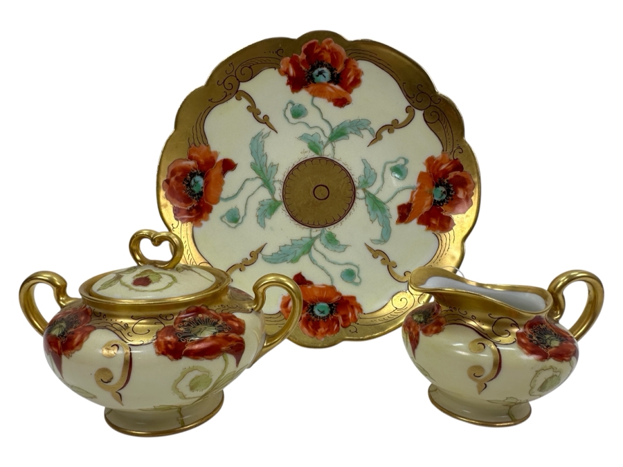 Limoges Handpainted Pickard Poppies Plate 8.5'W With Matching Creamer and Sugar Bowl [Photo 1]