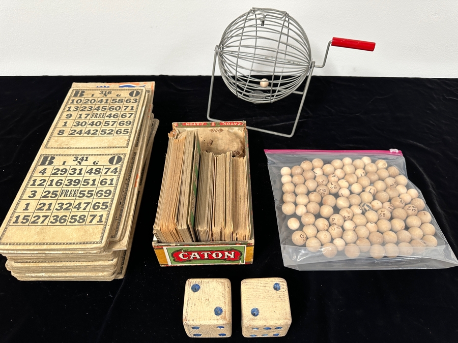 Vintage Bingo Game with Wheel, Cards, Balls and Chips/Markers Plus Pair of Large Vintage Wooden Dice [Photo 2]