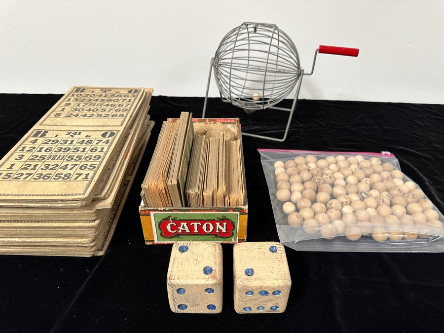 Vintage Bingo Game with Wheel, Cards, Balls and Chips/Markers Plus Pair of Large Vintage Wooden Dice [Photo 1]