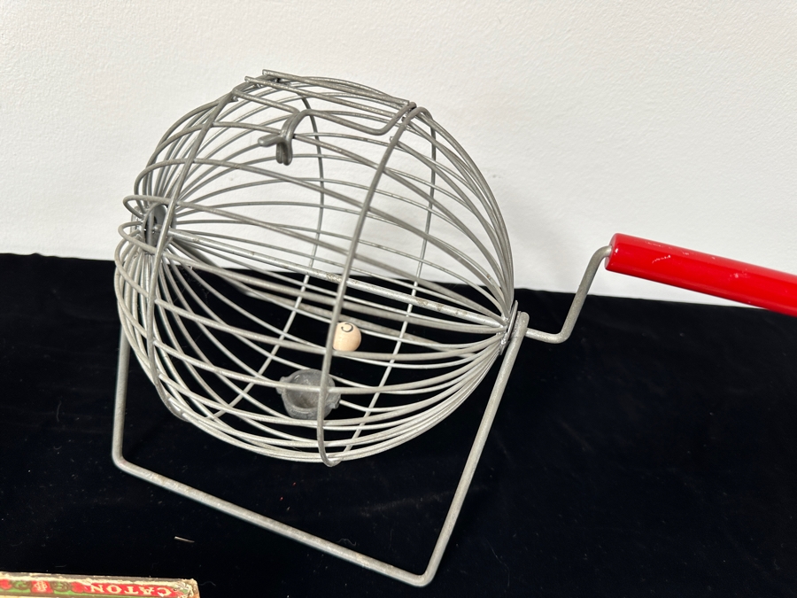 Vintage Bingo Game with Wheel, Cards, Balls and Chips/Markers Plus Pair of Large Vintage Wooden Dice [Photo 7]