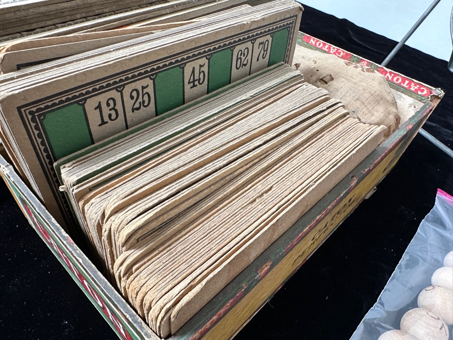Vintage Bingo Game with Wheel, Cards, Balls and Chips/Markers Plus Pair of Large Vintage Wooden Dice [Photo 9]
