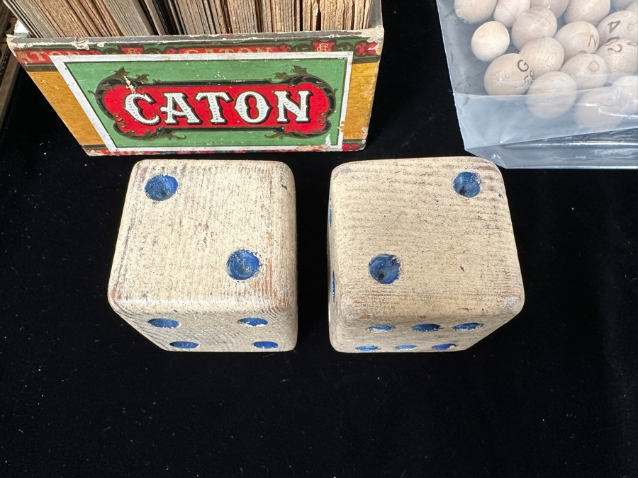 Vintage Bingo Game with Wheel, Cards, Balls and Chips/Markers Plus Pair of Large Vintage Wooden Dice [Photo 4]