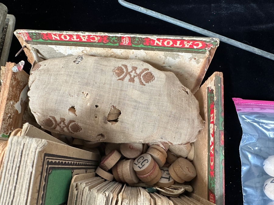 Vintage Bingo Game with Wheel, Cards, Balls and Chips/Markers Plus Pair of Large Vintage Wooden Dice [Photo 8]