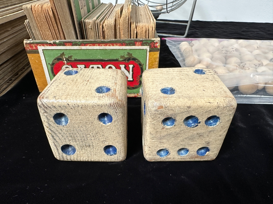 Vintage Bingo Game with Wheel, Cards, Balls and Chips/Markers Plus Pair of Large Vintage Wooden Dice [Photo 3]