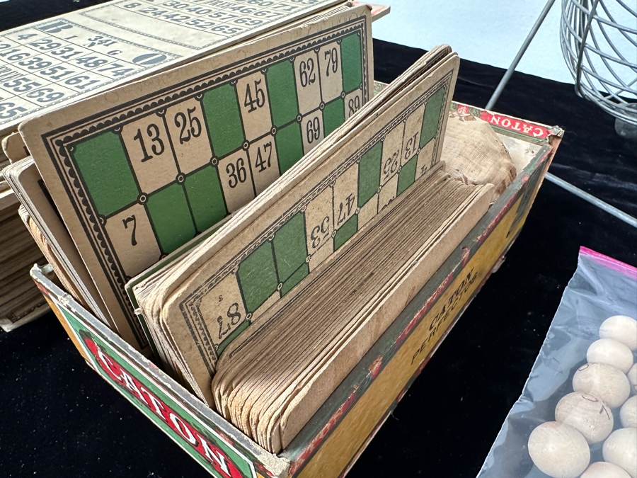 Vintage Bingo Game with Wheel, Cards, Balls and Chips/Markers Plus Pair of Large Vintage Wooden Dice [Photo 10]