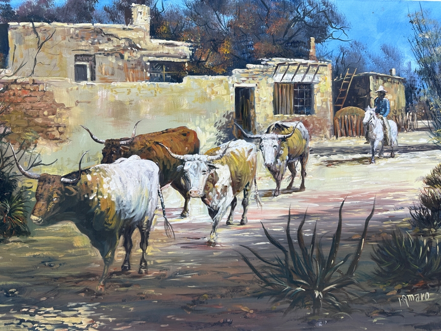 Just Added - Original Western Oil Painting On Canvas Signed I. Amaro 36 X 24 [Photo 1]