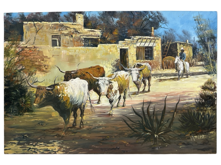 Just Added - Original Western Oil Painting On Canvas Signed I. Amaro 36 X 24 [Photo 2]