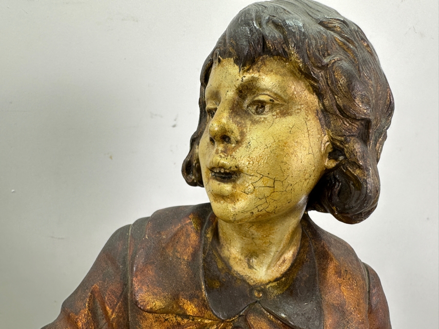 Pair Of Auguste Moreau (1834-1917, French) Bronze Sculptures Of Boy Playing The Violing & Girl Singing On Wooden Bases Both Sculptures Signed A. Moreau 27.5'H [Photo 6]