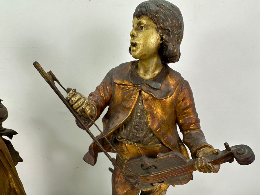 Pair Of Auguste Moreau (1834-1917, French) Bronze Sculptures Of Boy Playing The Violing & Girl Singing On Wooden Bases Both Sculptures Signed A. Moreau 27.5'H [Photo 5]