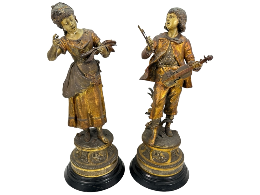 Pair Of Auguste Moreau (1834-1917, French) Bronze Sculptures Of Boy Playing The Violing & Girl Singing On Wooden Bases Both Sculptures Signed A. Moreau 27.5'H