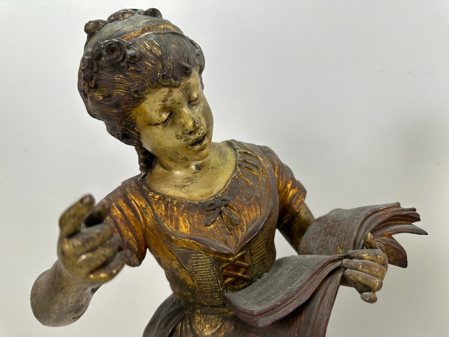 Pair Of Auguste Moreau (1834-1917, French) Bronze Sculptures Of Boy Playing The Violing & Girl Singing On Wooden Bases Both Sculptures Signed A. Moreau 27.5'H [Photo 3]