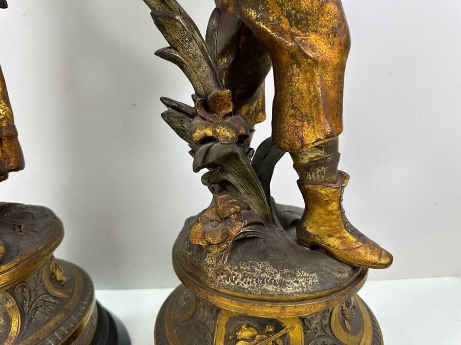 Pair Of Auguste Moreau (1834-1917, French) Bronze Sculptures Of Boy Playing The Violing & Girl Singing On Wooden Bases Both Sculptures Signed A. Moreau 27.5'H [Photo 10]