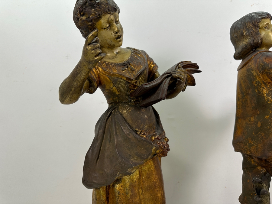 Pair Of Auguste Moreau (1834-1917, French) Bronze Sculptures Of Boy Playing The Violing & Girl Singing On Wooden Bases Both Sculptures Signed A. Moreau 27.5'H [Photo 12]