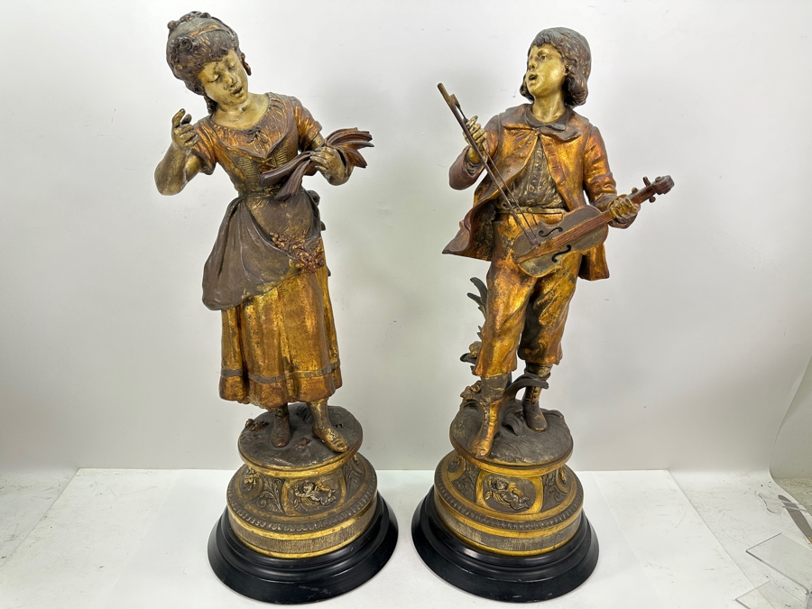 Pair Of Auguste Moreau (1834-1917, French) Bronze Sculptures Of Boy Playing The Violing & Girl Singing On Wooden Bases Both Sculptures Signed A. Moreau 27.5'H [Photo 2]