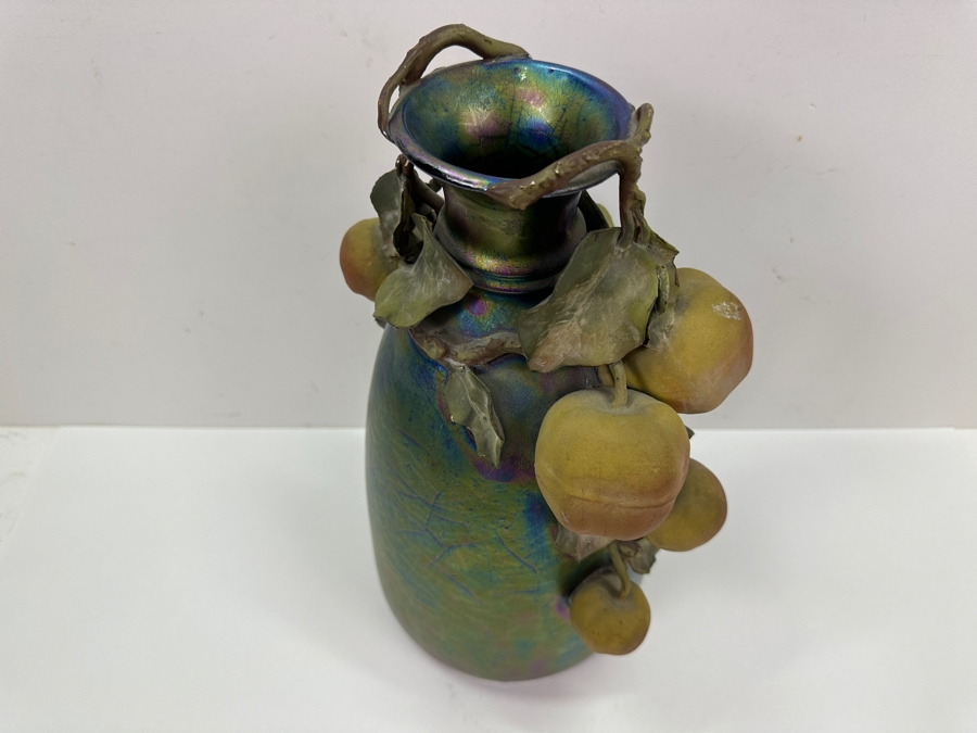 Clément Massier Art Nouveau Pottery Vase with Iridescent Apple Design 14'H x 8'W  [Photo 4]