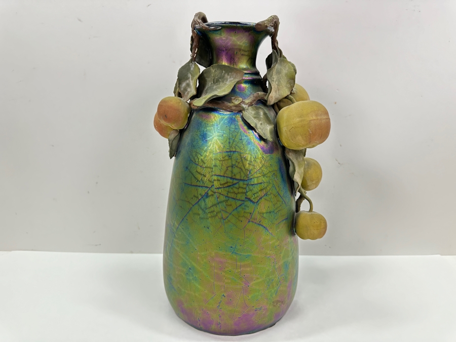 Clément Massier Art Nouveau Pottery Vase with Iridescent Apple Design 14'H x 8'W  [Photo 2]