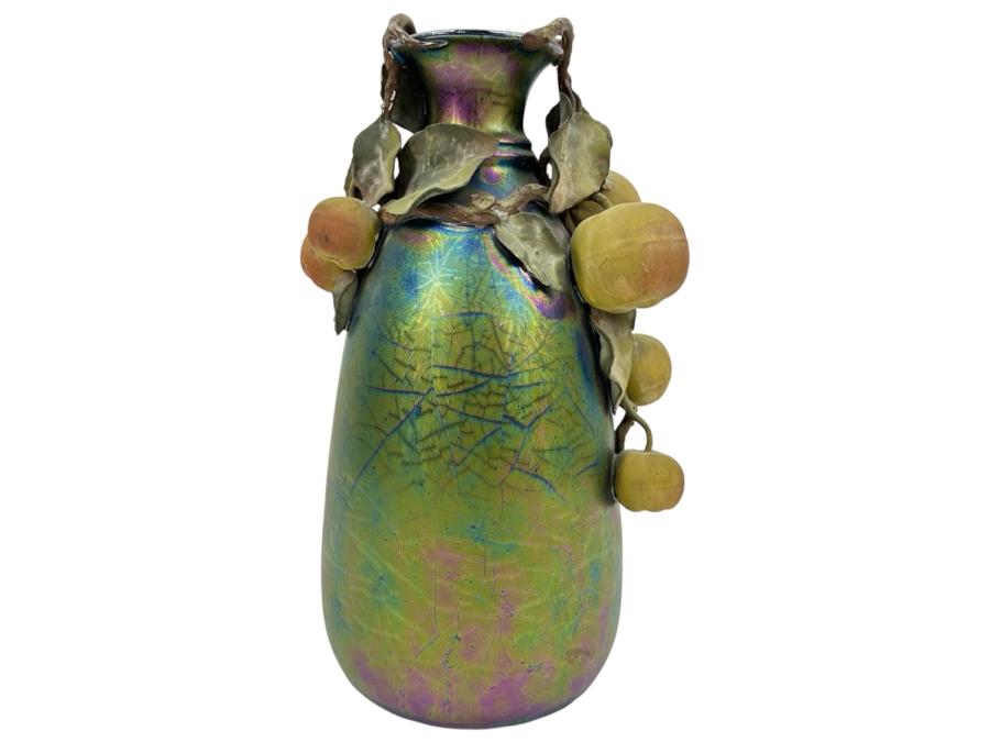 Clément Massier Art Nouveau Pottery Vase with Iridescent Apple Design 14'H x 8'W 