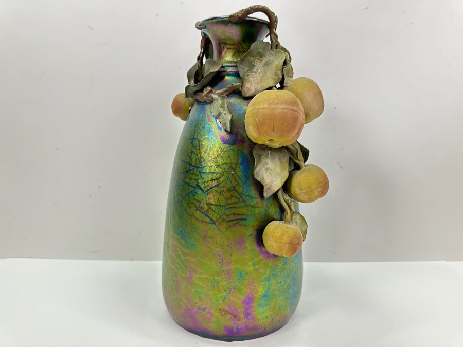 Clément Massier Art Nouveau Pottery Vase with Iridescent Apple Design 14'H x 8'W  [Photo 3]