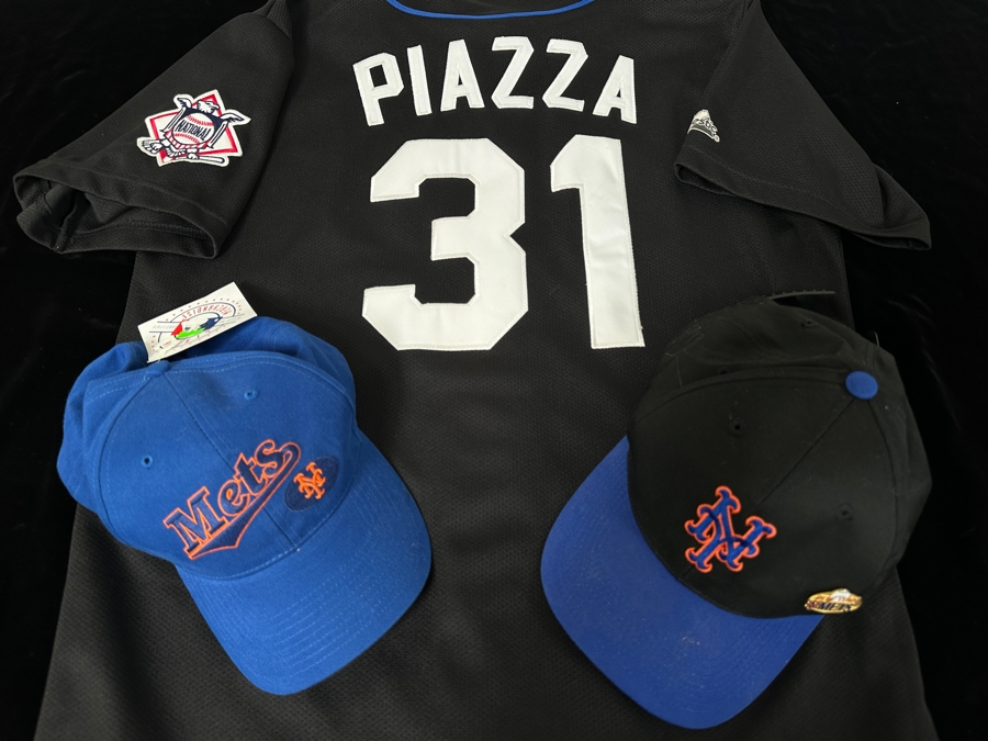 Just Added - New York Mets Lot With 2 Baseball Caps & Mike Piazza Jersey Size L [Photo 1]