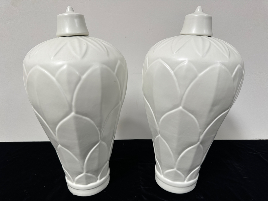 Just Added - Pair Of Frontgate White Ceramic Decorative Vases Jars With Lids 20'H [Photo 2]