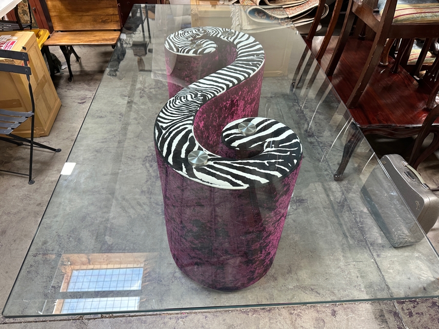 Just Added - Iconic Bretz Furniture Designer Purple Velvet and Zebra Dining Table Made In Germany Slight Ding In Corner Of Glass (See Photos) 78W x 39D x 28.5H [Photo 2]