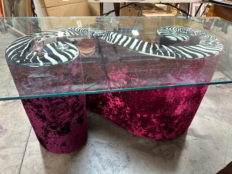 Just Added - Iconic Bretz Furniture Designer Purple Velvet and Zebra Dining Table Made In Germany Slight Ding In Corner Of Glass (See Photos) 78W x 39D x 28.5H [Photo 3]