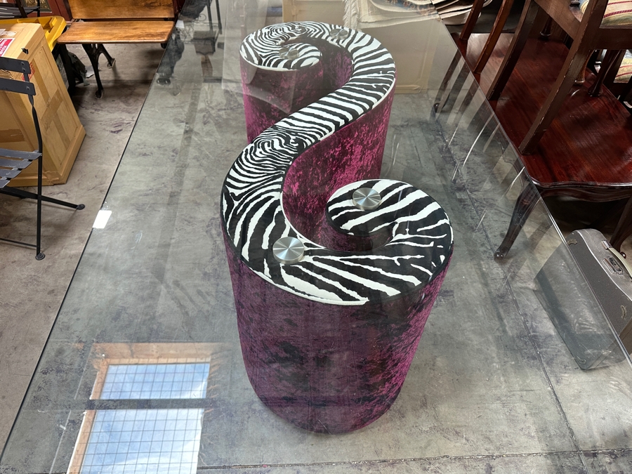 Just Added - Iconic Bretz Furniture Designer Purple Velvet and Zebra Dining Table Made In Germany Slight Ding In Corner Of Glass (See Photos) 78W x 39D x 28.5H