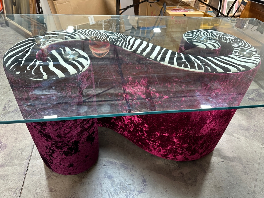 Just Added - Iconic Bretz Furniture Designer Purple Velvet and Zebra Dining Table Made In Germany Slight Ding In Corner Of Glass (See Photos) 78W x 39D x 28.5H [Photo 4]