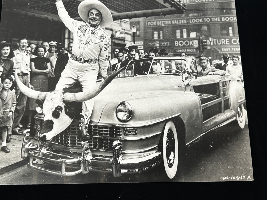 Just Added - Dave Hammel Photograph Mounted On Foam Board Of Leo Carrillo Astride the Hood Ornament of His Favorite Chrysler Town & Country Convertible 18.5' x 15' [Photo 3]