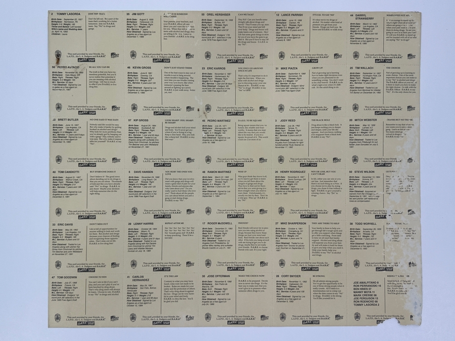 Los Angeles Dodgers L.A.P.D. D.A.R.E Baseball Cards Sheet - Damage To Bottom Right Card 17.5 X 15 [Photo 9]