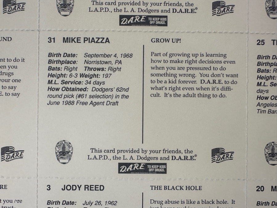 Los Angeles Dodgers L.A.P.D. D.A.R.E Baseball Cards Sheet - Damage To Bottom Right Card 17.5 X 15 [Photo 10]