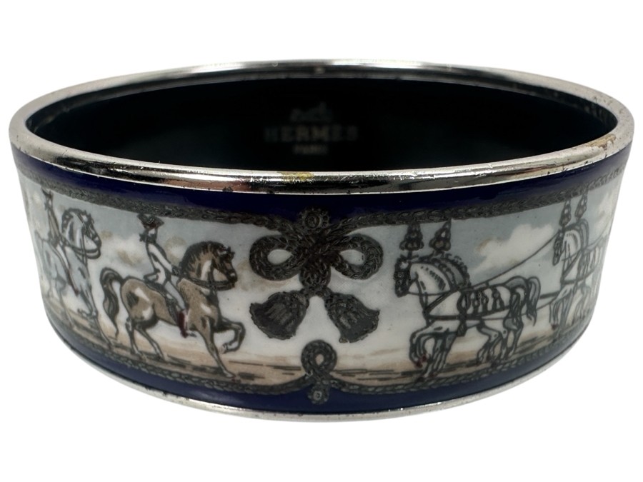 Authentic Hermes Paris Horse And Carriage Wide Enamel Bangle Bracelet Made In Austria 2.5'W 41.8g