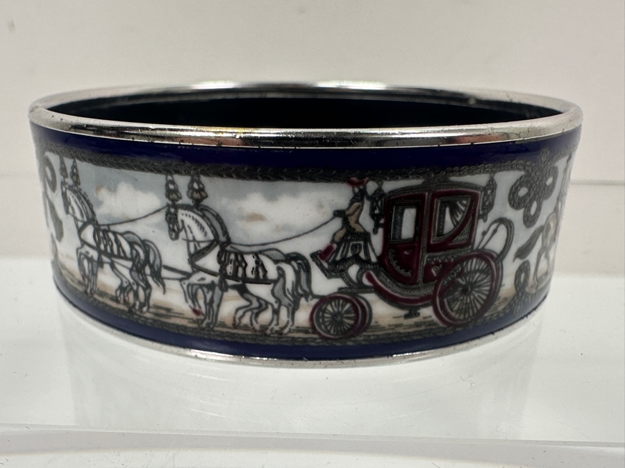 Authentic Hermes Paris Horse And Carriage Wide Enamel Bangle Bracelet Made In Austria 2.5'W 41.8g [Photo 4]